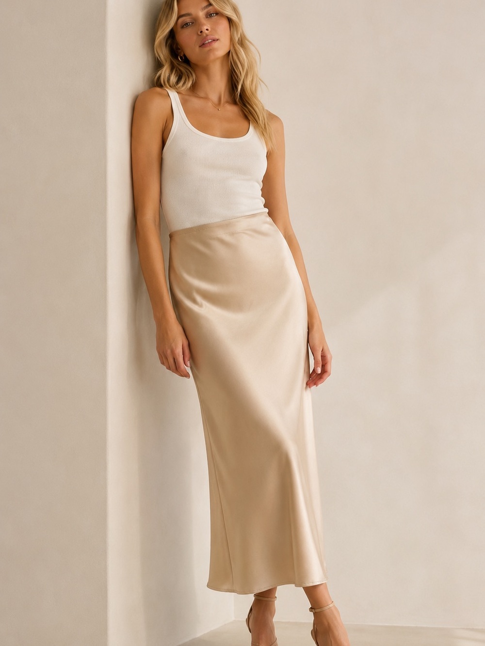 Divided Champagne Satin Bias Maxi Skirt
